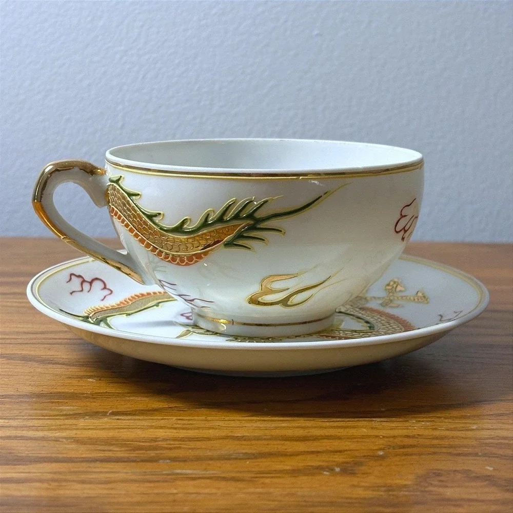 Crest Japan‎ Lithophane Tea Cup Saucer Set Gold Moriage Dragon Geisha  Vintage